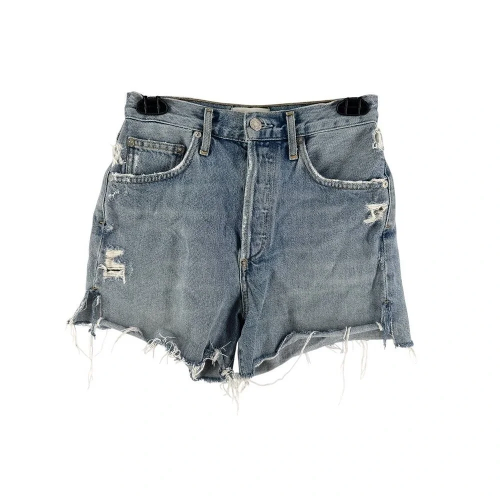 AGOLDE Women's Distressed Organic Cotton Dee High-Rise Denim Shorts Size 25